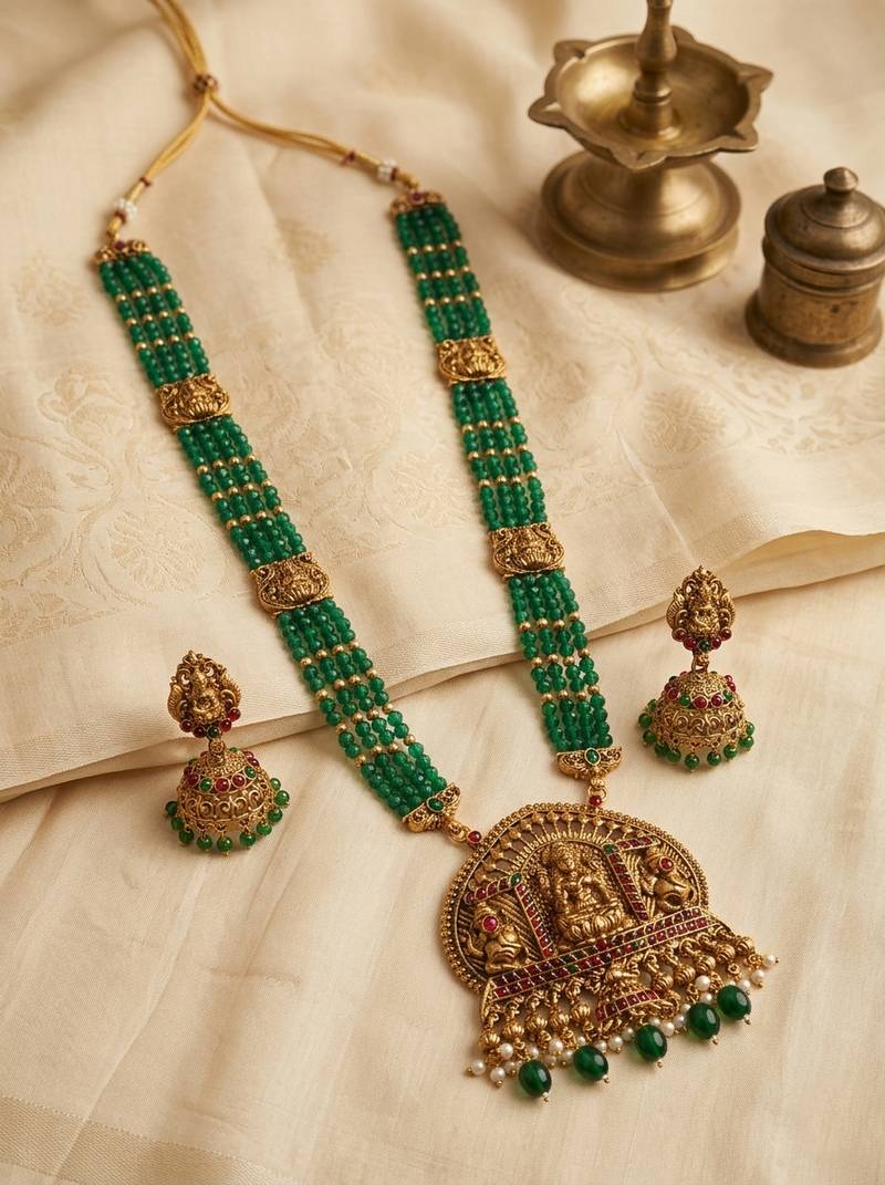 Temple design green necklace set for women