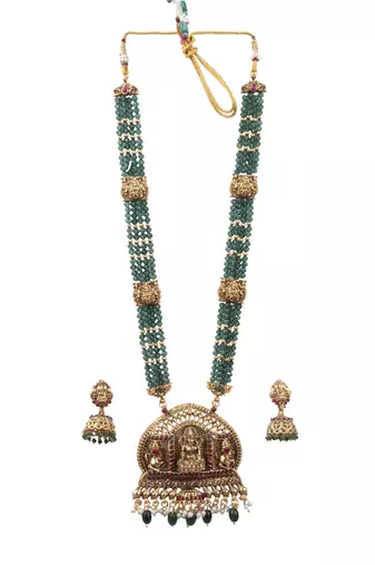 Temple design green necklace set for women