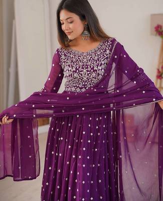 Purple Color Embroidery With Sequin & Thread Detailing Work Faux Georgette Kurti Bottom Set 2