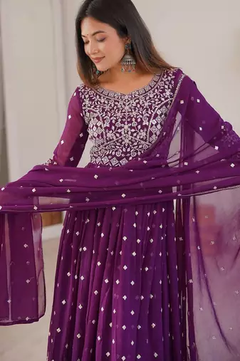 Purple Color Embroidery With Sequin & Thread Detailing Work Faux Georgette Kurti Bottom Set