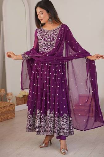 Purple Color Embroidery With Sequin & Thread Detailing Work Faux Georgette Kurti Bottom Set