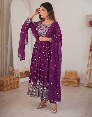 Purple Color Embroidery With Sequin & Thread Detailing Work Faux Georgette Kurti Bottom Set 4