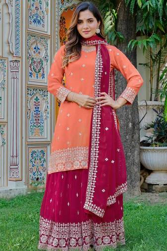 Orange Color Embroidery With Sequin & Thread Detailing Work Faux Georgette Kurti Plazo Set