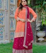 Orange Color Embroidery With Sequin & Thread Detailing Work Faux Georgette Kurti Plazo Set