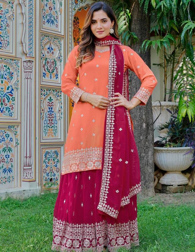Orange Color Embroidery With Sequin & Thread Detailing Work Faux Georgette Kurti Plazo Set