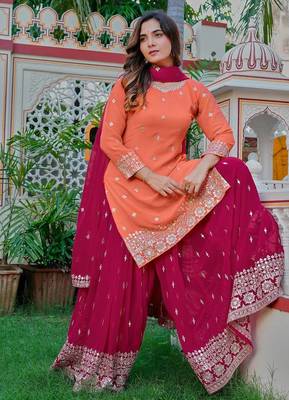 Orange Color Embroidery With Sequin & Thread Detailing Work Faux Georgette Kurti Plazo Set 2
