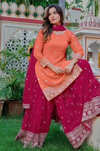 Orange Color Embroidery With Sequin & Thread Detailing Work Faux Georgette Kurti Plazo Set