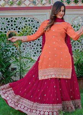 Orange Color Embroidery With Sequin & Thread Detailing Work Faux Georgette Kurti Plazo Set 3