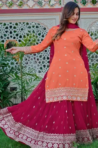 Orange Color Embroidery With Sequin & Thread Detailing Work Faux Georgette Kurti Plazo Set