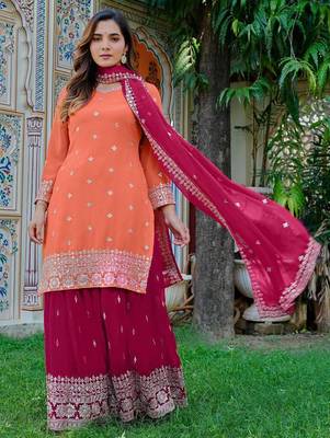 Orange Color Embroidery With Sequin & Thread Detailing Work Faux Georgette Kurti Plazo Set 4
