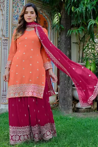 Orange Color Embroidery With Sequin & Thread Detailing Work Faux Georgette Kurti Plazo Set