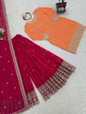 Orange Color Embroidery With Sequin & Thread Detailing Work Faux Georgette Kurti Plazo Set 5