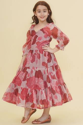 Pink floral print cotton fabric tiered a-line casual girls dress