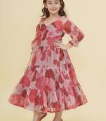 Pink floral print cotton fabric tiered a-line casual girls dress
