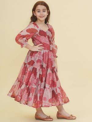 Pink floral print cotton fabric tiered a-line casual girls dress 2