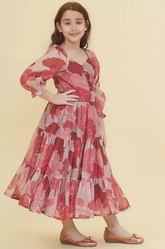 Pink floral print cotton fabric tiered a-line casual girls dress