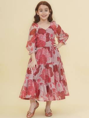 Pink floral print cotton fabric tiered a-line casual girls dress 3