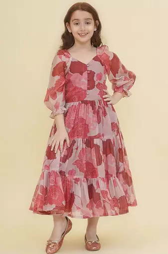 Pink floral print cotton fabric tiered a-line casual girls dress