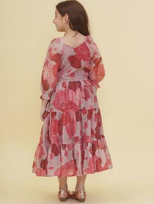 Pink floral print cotton fabric tiered a-line casual girls dress 4