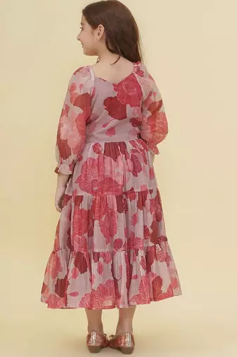 Pink floral print cotton fabric tiered a-line casual girls dress
