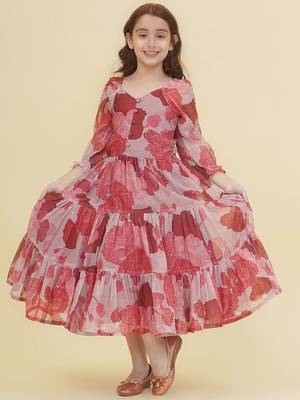 Pink floral print cotton fabric tiered a-line casual girls dress 5