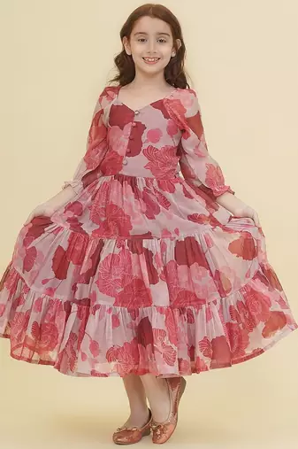 Pink floral print cotton fabric tiered a-line casual girls dress