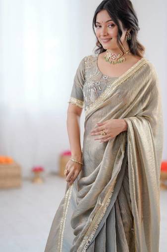 Grey Color Fancy Lace Work At Border Fendy Silk Ready To Wear Saree