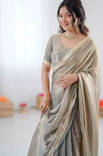 Grey Color Fancy Lace Work At Border Fendy Silk Ready To Wear Saree
