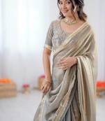 Grey Color Fancy Lace Work At Border Fendy Silk Ready To Wear Saree