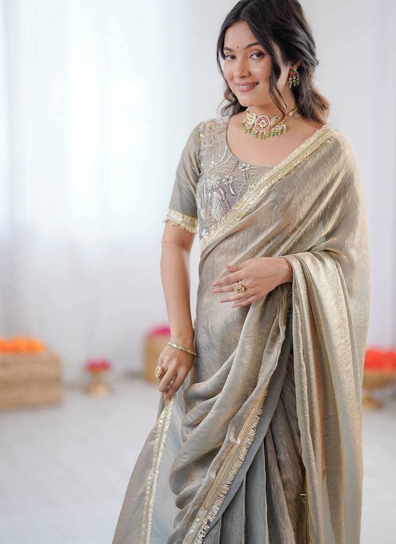 Grey Color Fancy Lace Work At Border Fendy Silk Ready To Wear Saree