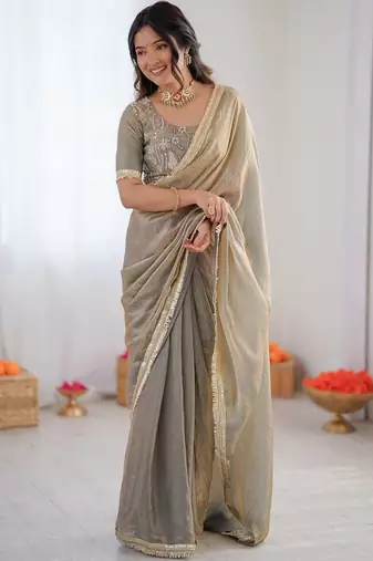 Grey Color Fancy Lace Work At Border Fendy Silk Ready To Wear Saree