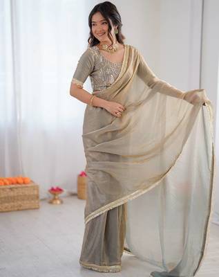 Grey Color Fancy Lace Work At Border Fendy Silk Ready To Wear Saree 4