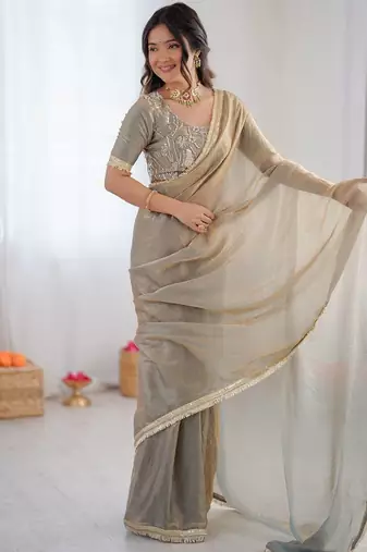 Grey Color Fancy Lace Work At Border Fendy Silk Ready To Wear Saree