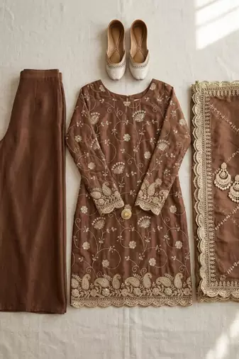 Brown floral embroidered salwar kameez