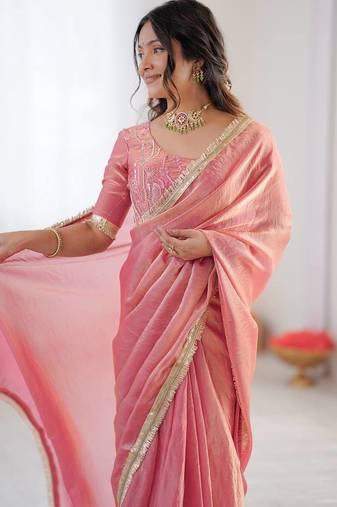 Pink Color Fancy Lace Work At Border Fendy Silk Ready To Wear Saree