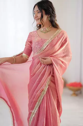 Pink Color Fancy Lace Work At Border Fendy Silk Ready To Wear Saree