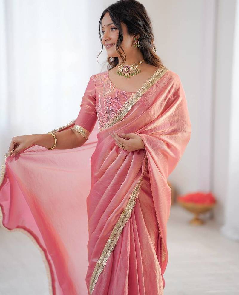 Pink Color Fancy Lace Work At Border Fendy Silk Ready To Wear Saree
