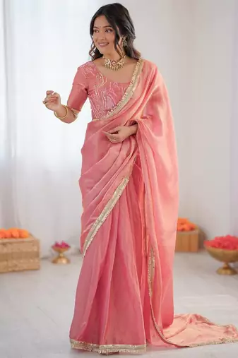 Pink Color Fancy Lace Work At Border Fendy Silk Ready To Wear Saree