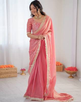 Pink Color Fancy Lace Work At Border Fendy Silk Ready To Wear Saree 3