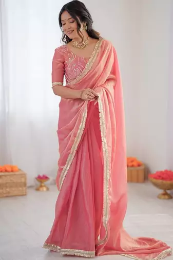 Pink Color Fancy Lace Work At Border Fendy Silk Ready To Wear Saree