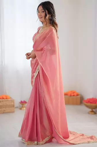 Pink Color Fancy Lace Work At Border Fendy Silk Ready To Wear Saree