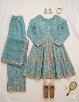 blue silk blend embroidered palazzo set 5