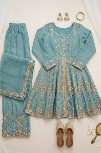 blue silk blend embroidered palazzo set