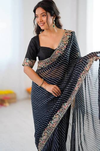 Black Color Thread & Sequins Embroidery With Badhani Print Work Faux Georgette Saree