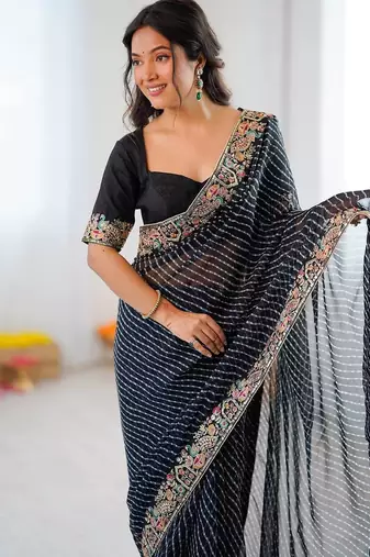 Black Color Thread & Sequins Embroidery With Badhani Print Work Faux Georgette Saree