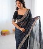 Black Color Thread & Sequins Embroidery With Badhani Print Work Faux Georgette Saree