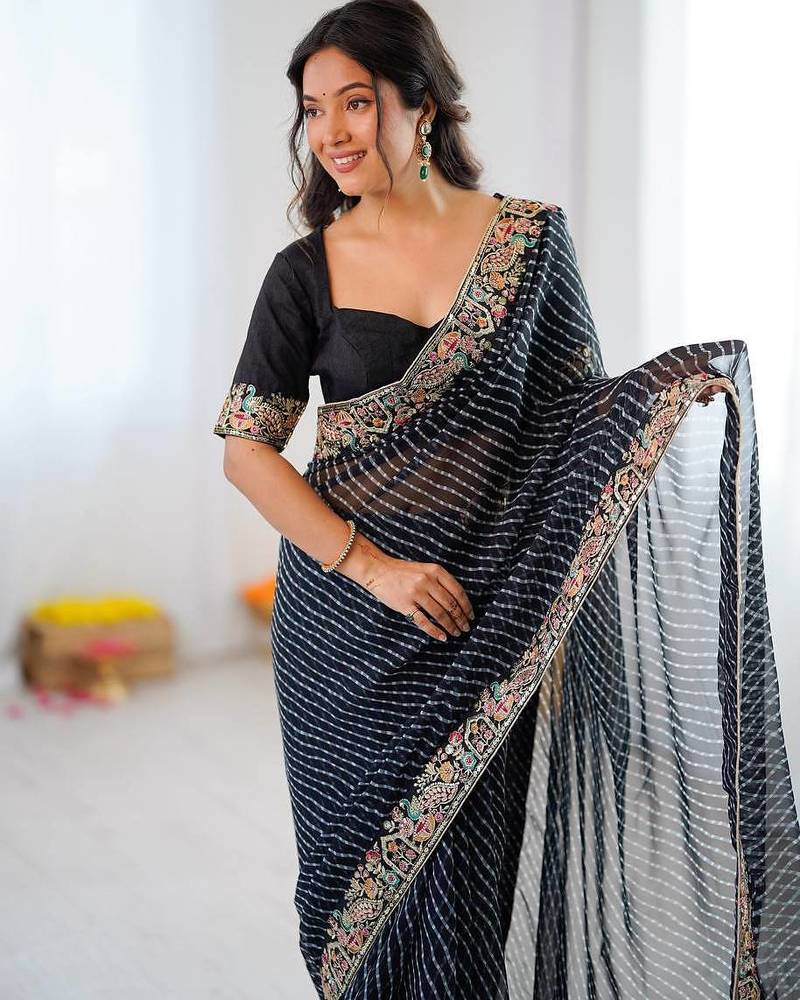 Black Color Thread & Sequins Embroidery With Badhani Print Work Faux Georgette Saree