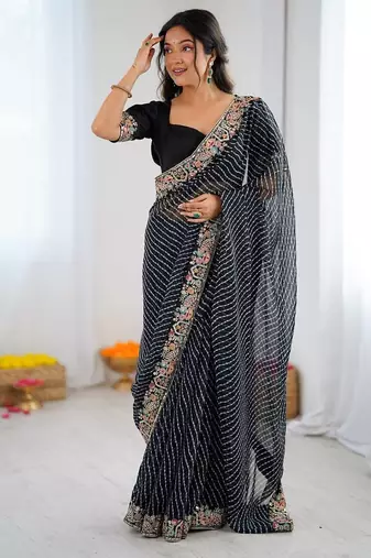 Black Color Thread & Sequins Embroidery With Badhani Print Work Faux Georgette Saree