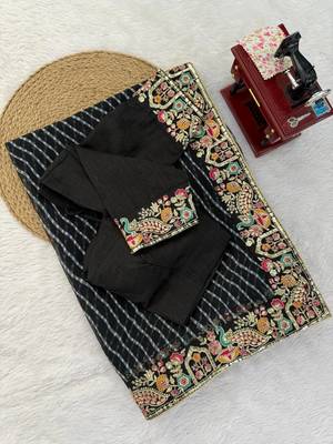 Black Color Thread & Sequins Embroidery With Badhani Print Work Faux Georgette Saree 5