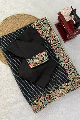 Black Color Thread & Sequins Embroidery With Badhani Print Work Faux Georgette Saree